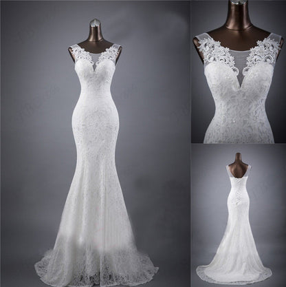 Lace slim and thin double shoulder tail wedding dress aclosy