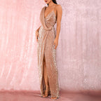 Solid Color Asymmetrical Sequin Slit Party Dress aclosy