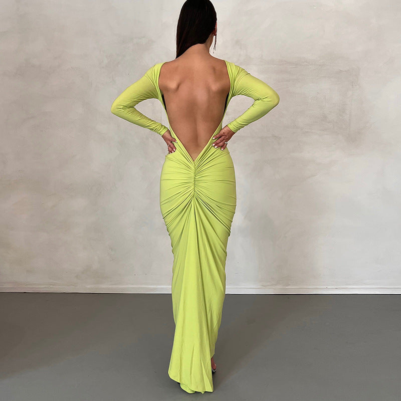 Backless Pleated Long Elegant Slim Dress aclosy