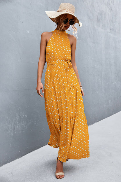 Printed Sleeveless Tie Waist Maxi Dress Trendsi