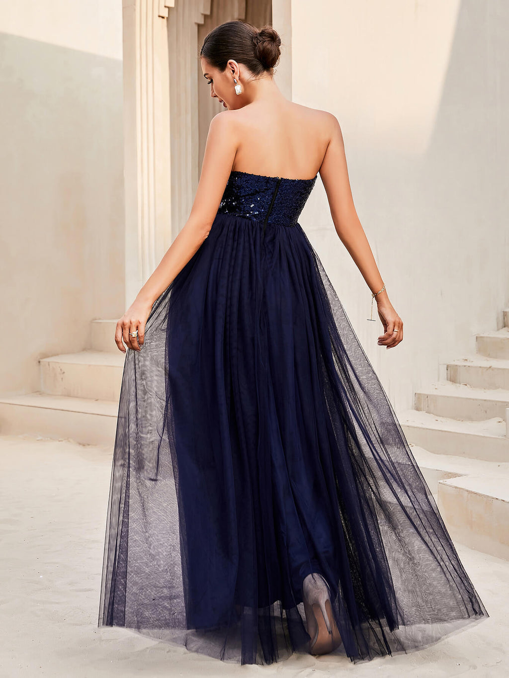 Sequin Strapless Spliced Tulle Dress Trendsi