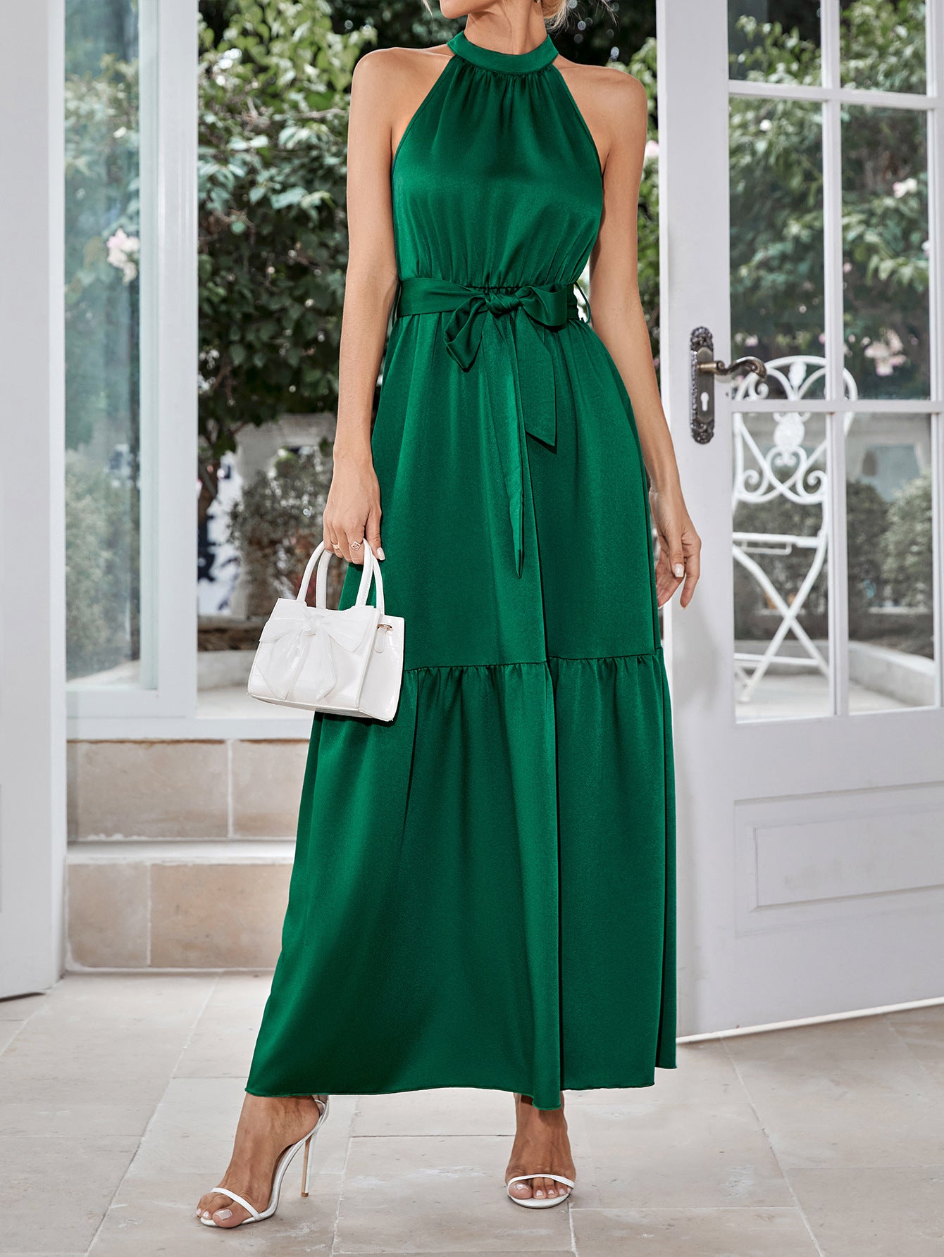 Belted Grecian Neck Tiered Maxi Dress Trendsi