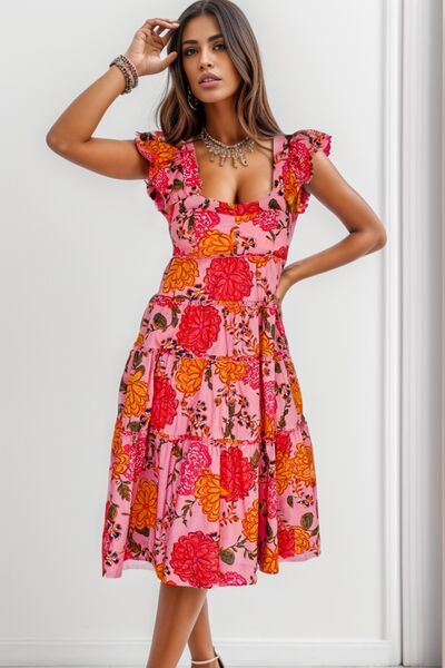 Ruffled Floral Square Neck Tiered Dress Trendsi