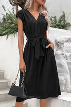 Tie Belt V-Neck Pleated Dress Trendsi