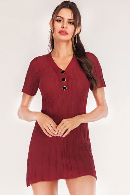 Buttoned Short Sleeve V-Neck Knit Dress Trendsi