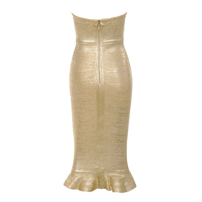 Backless Ruffled Fishtail Bandage Evening Dress-Gold aclosy