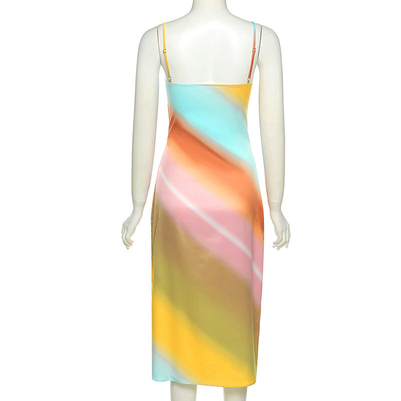 Rainbow Sling V-Neck Backless Dress aclosy