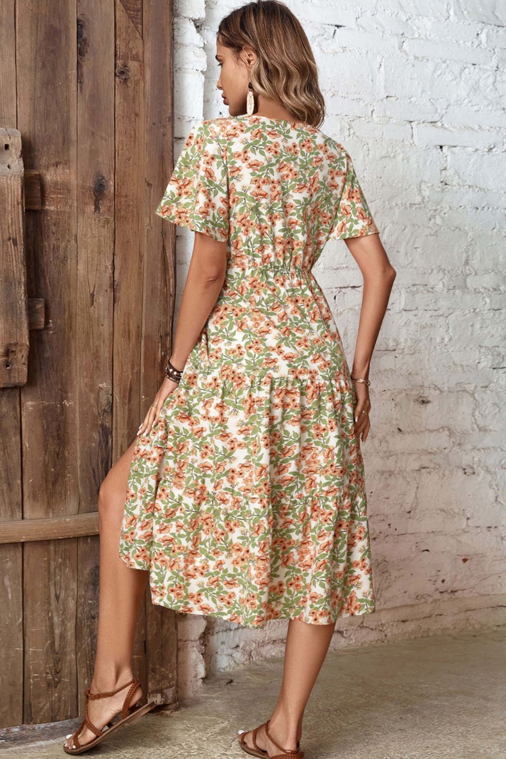 Floral V-Neck Front Slit Dress Trendsi