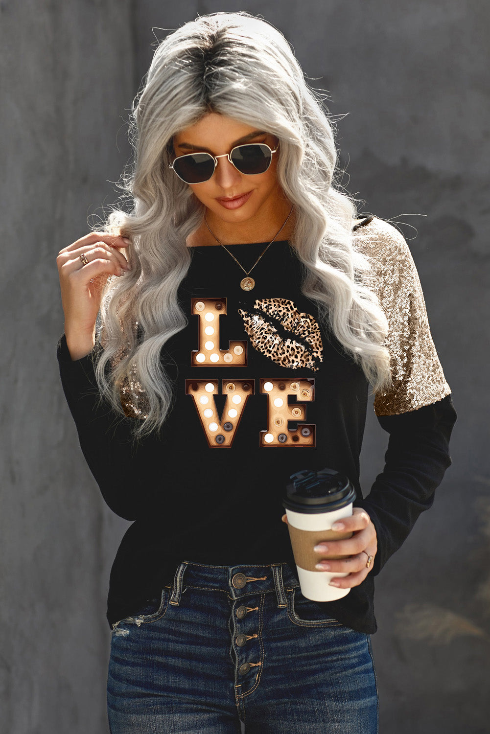 LOVE Graphic Sequin Long Sleeve T-Shirt Trendsi