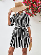 Striped Half Sleeve Tie Waist Mini Dress Trendsi