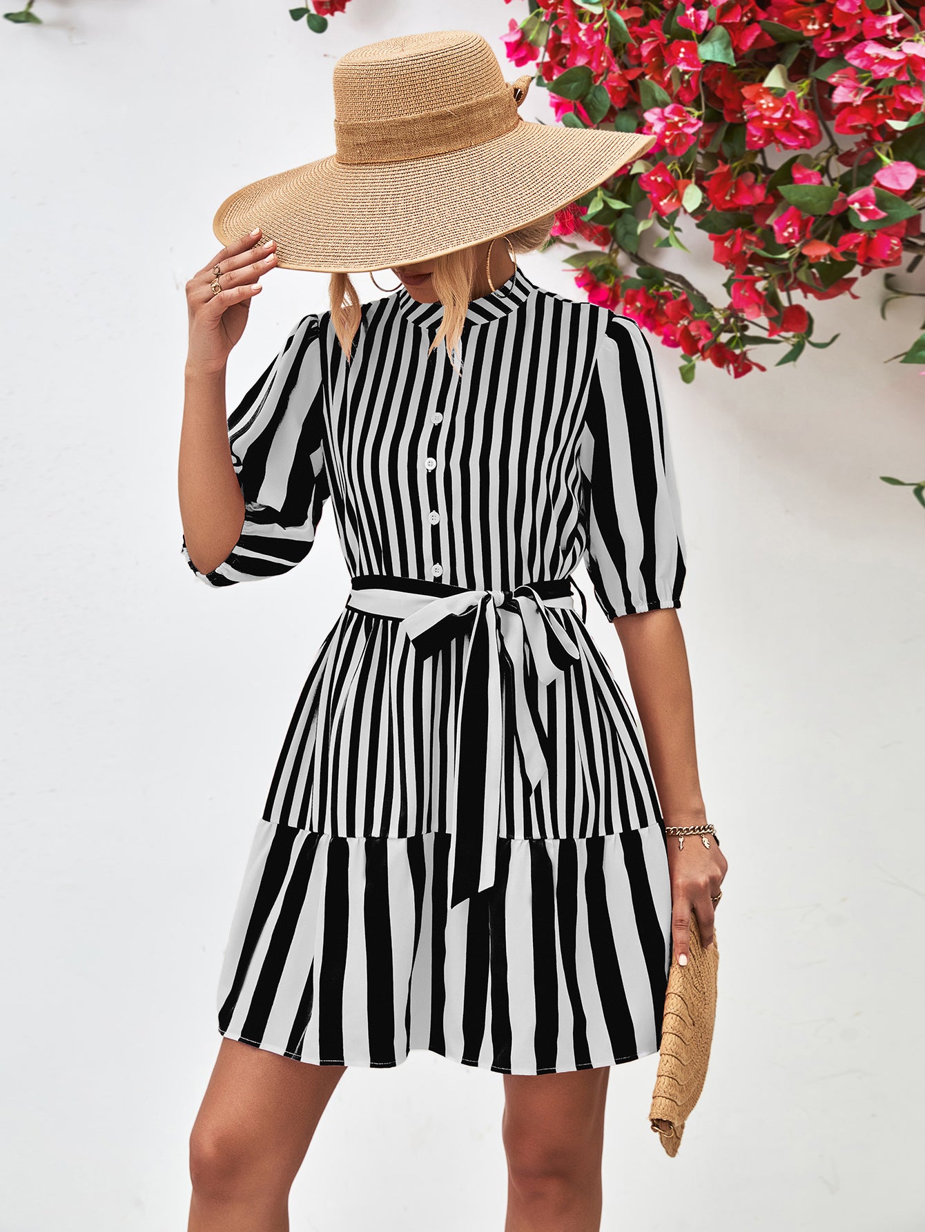 Striped Half Sleeve Tie Waist Mini Dress Trendsi