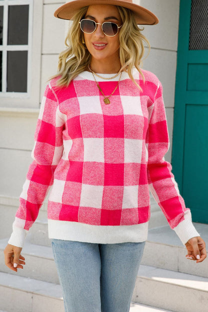 Checkered Ribbed Trim Knit Pullover Trendsi