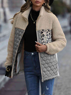 Leopard Color Block Zip-Up Jacket Trendsi
