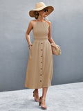 Buttoned Halter Neck Frill Trim Midi Dress Trendsi