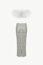 Feather Trim Tube Top and Sequined Sheer Skirt Set Trendsi