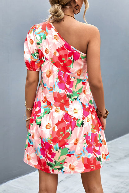 Floral One-Shoulder Puff Sleeve Dress Trendsi