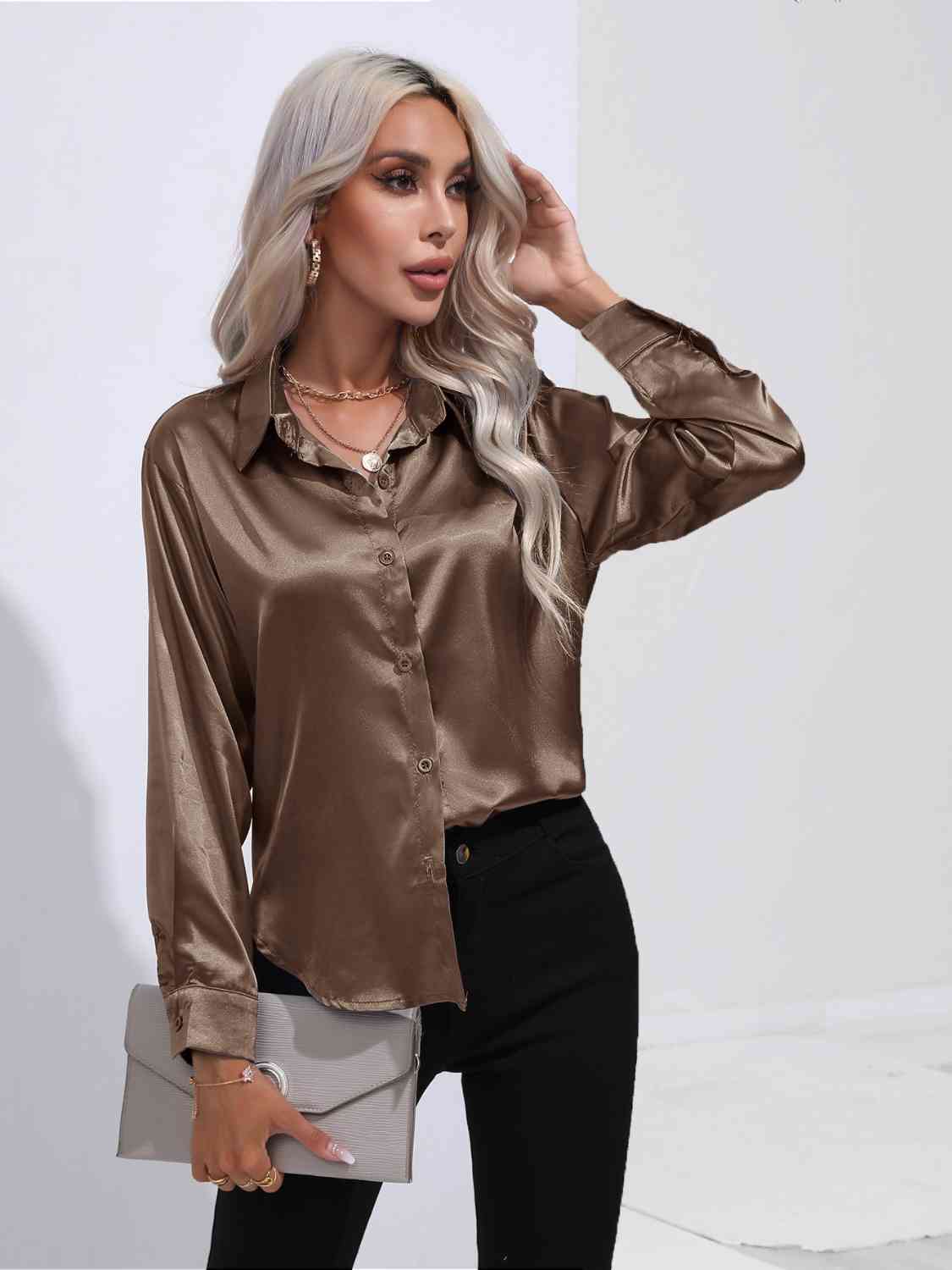 Collared Neck Buttoned Long Sleeve Shirt Trendsi