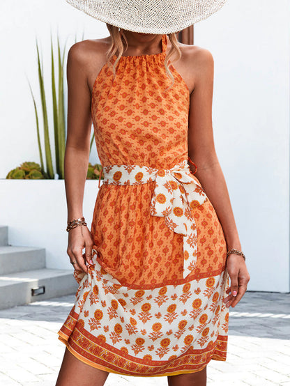 Floral Halter Neck Tie Waist Dress Trendsi