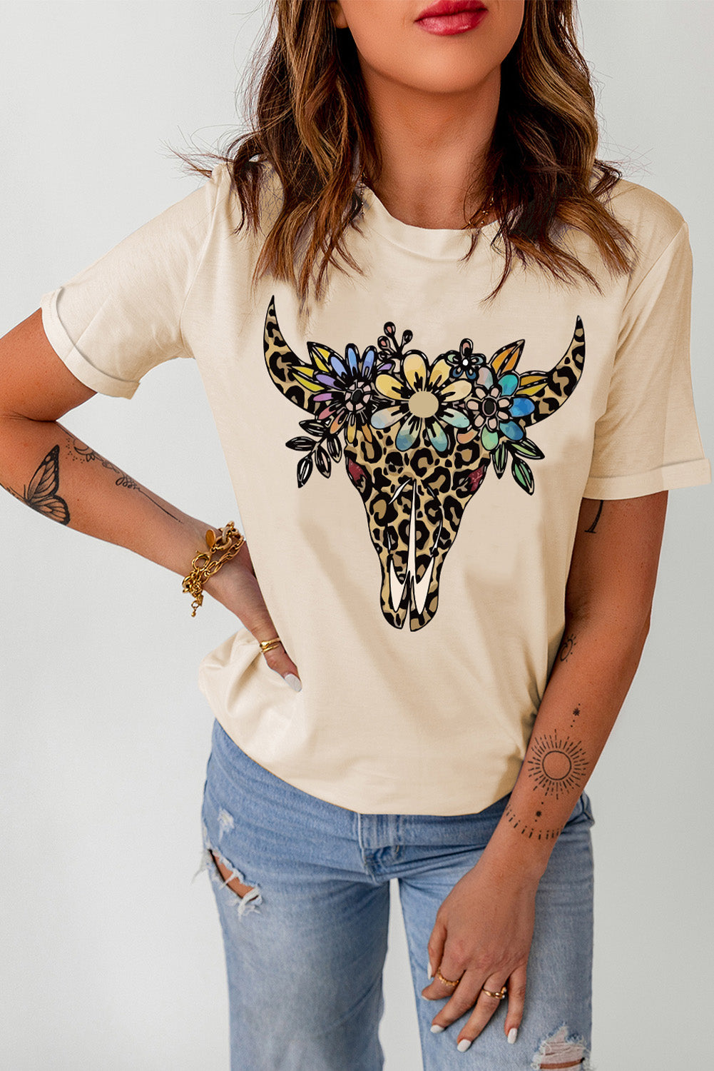 Graphic Cuffed Short Sleeve Crewneck Tee Trendsi