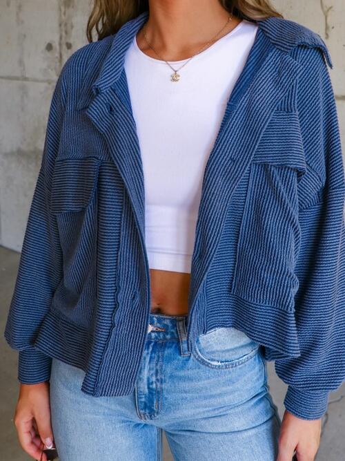 Ribbed Collared Neck Button Up Jacket Trendsi