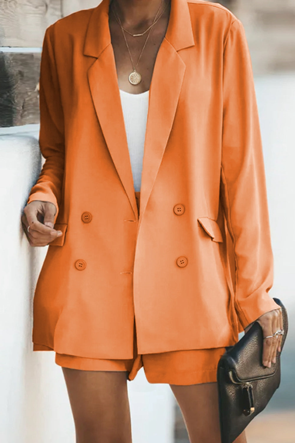 Longline Blazer and Shorts Set with Pockets Trendsi