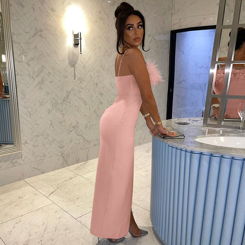 Chic Feather Trim Slip Dress aclosy