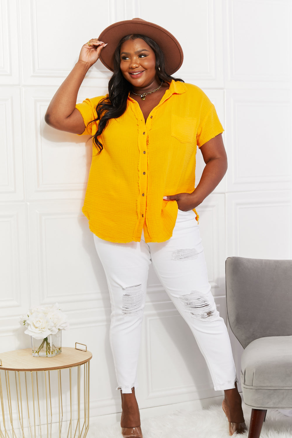 Zenana Full Size Summer Breeze Gauze Short Sleeve Shirt in Mustard Trendsi