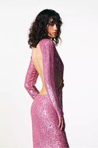 Lesya Round Neck Flower Waist Button Sequin Dress aclosy