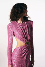 Lesya Round Neck Flower Waist Button Sequin Dress aclosy