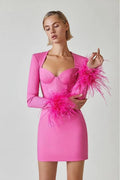 Elegant Square Neck Feather Long Sleeve aclosy