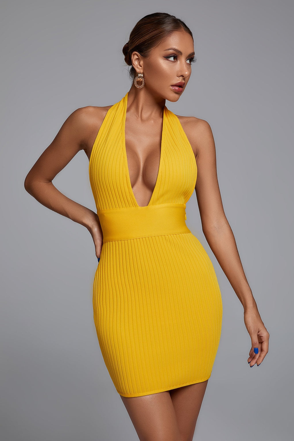 Lemily Knitted Deep V-Neck Halter Bandage dress aclosy