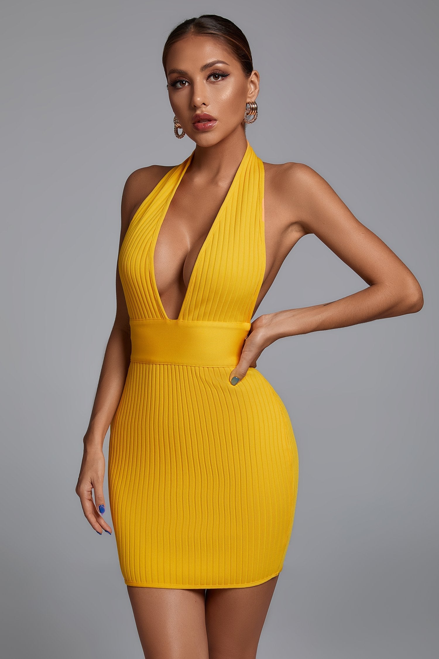 Lemily Knitted Deep V-Neck Halter Bandage dress aclosy