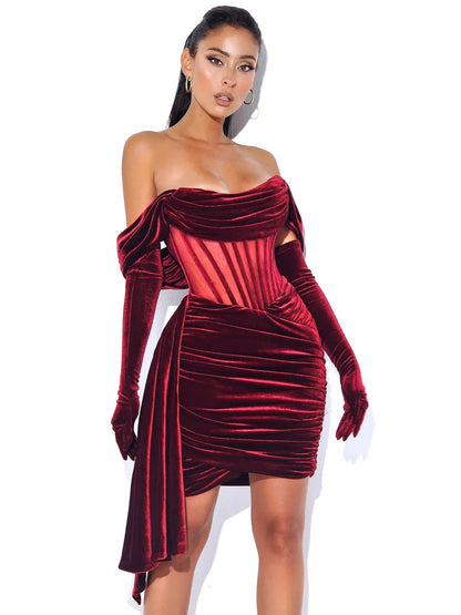 Off shoulder corset Dress-Velvet-Red aclosy