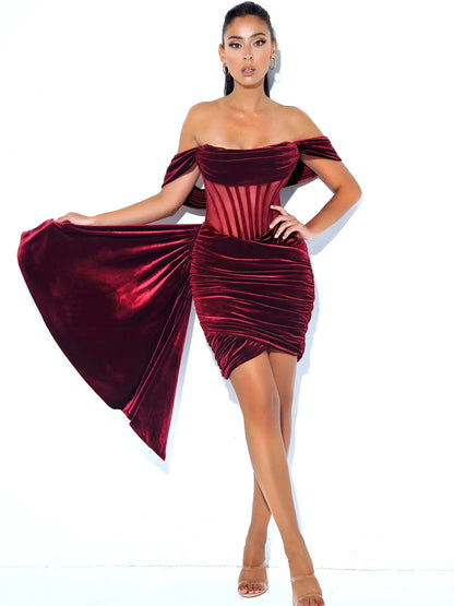 Off shoulder corset Dress-Velvet-Red aclosy