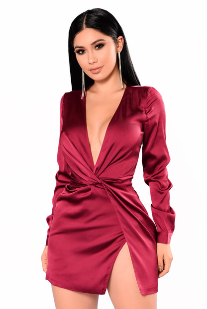 Ruched split sexy long sleeve mini dress aclosy