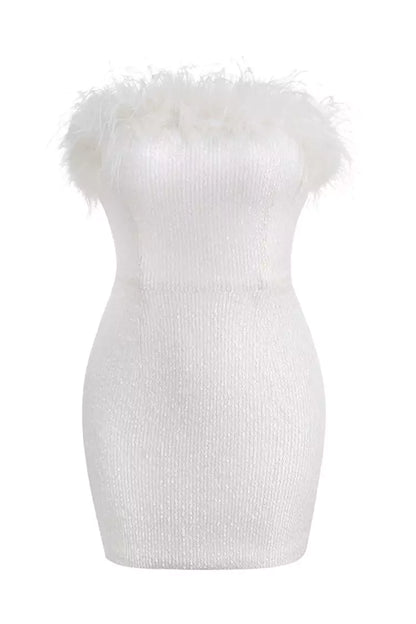 Peira Sequin Feather MIni Dress-White aclosy
