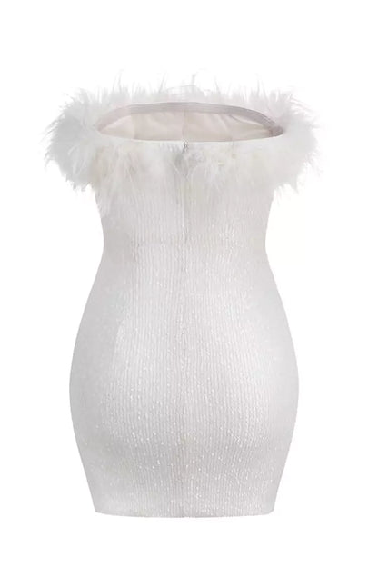 Peira Sequin Feather MIni Dress-White aclosy