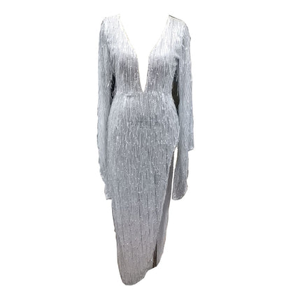 Tassel Deep V Prom Designer Dress-Silver aclosy