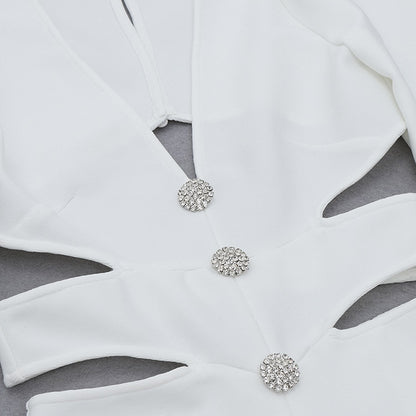 Decorative Button Cutout Puff Sleeve Front Split Dress Aclosy