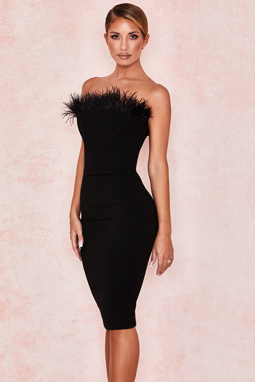 Chic Feather Midi Dress-Black Aclosy