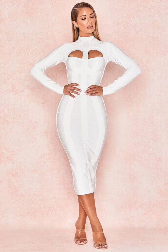 Cut-Out Long Sleeves Party Bandage Clubwear Midi Dress aclosy
