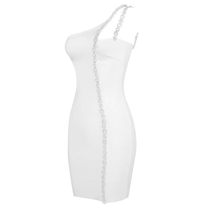 One-Shoulder Long Chain Mini Dress-White aclosy