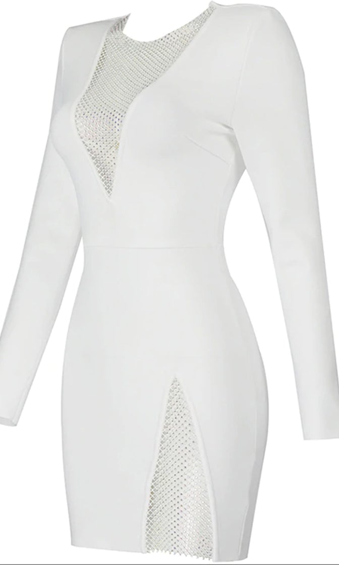 Elite V Neck Mesh Mini Dress Set-White Trendsi