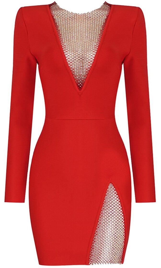 Elite V Neck Mesh Mini Dress Set-Red Trendsi