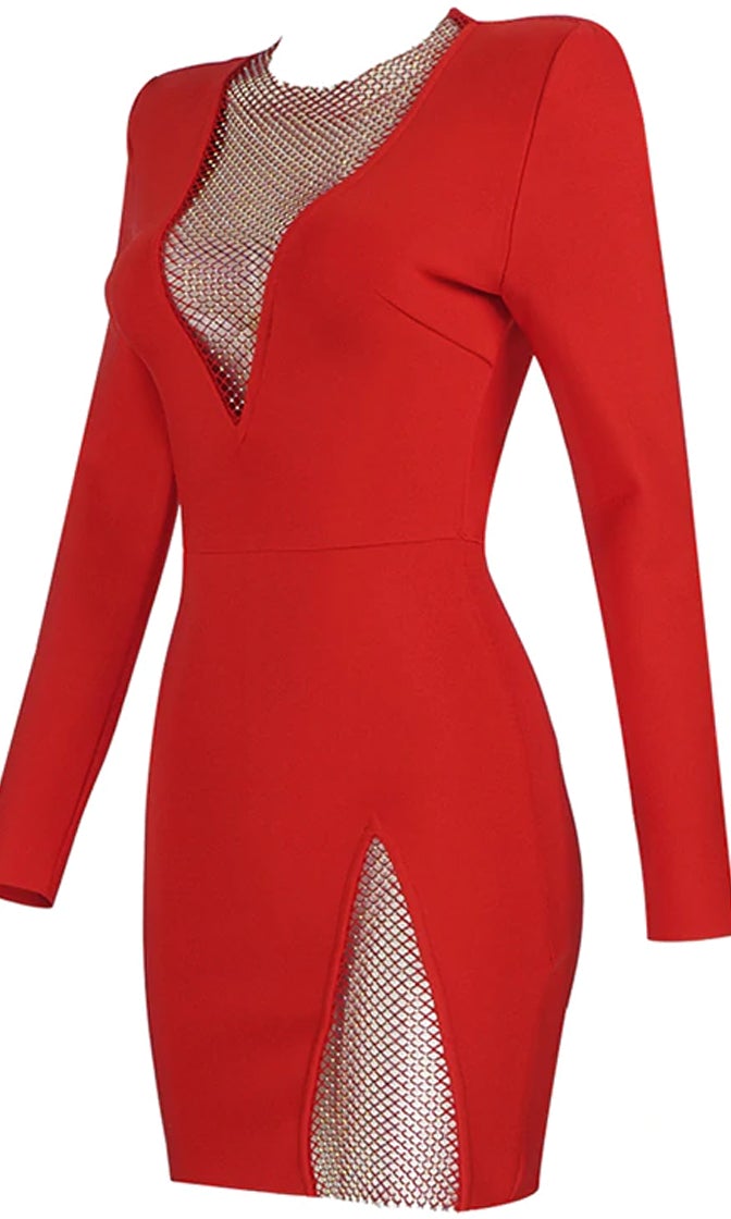 Elite V Neck Mesh Mini Dress Set-Red Trendsi