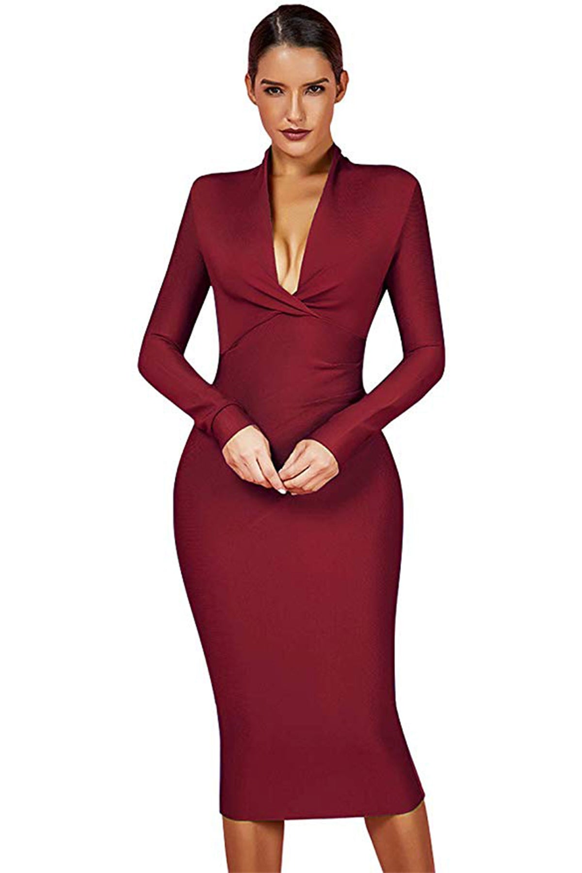 Full Sleeve Bandage party Dress-Brown aclosy
