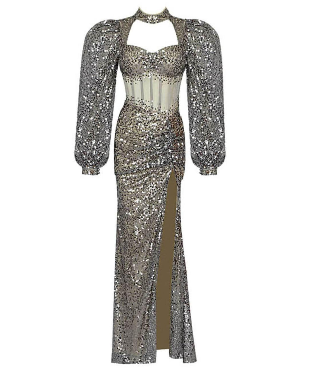 Bride Puff Sleeves Prom Dress-Silver aclosy