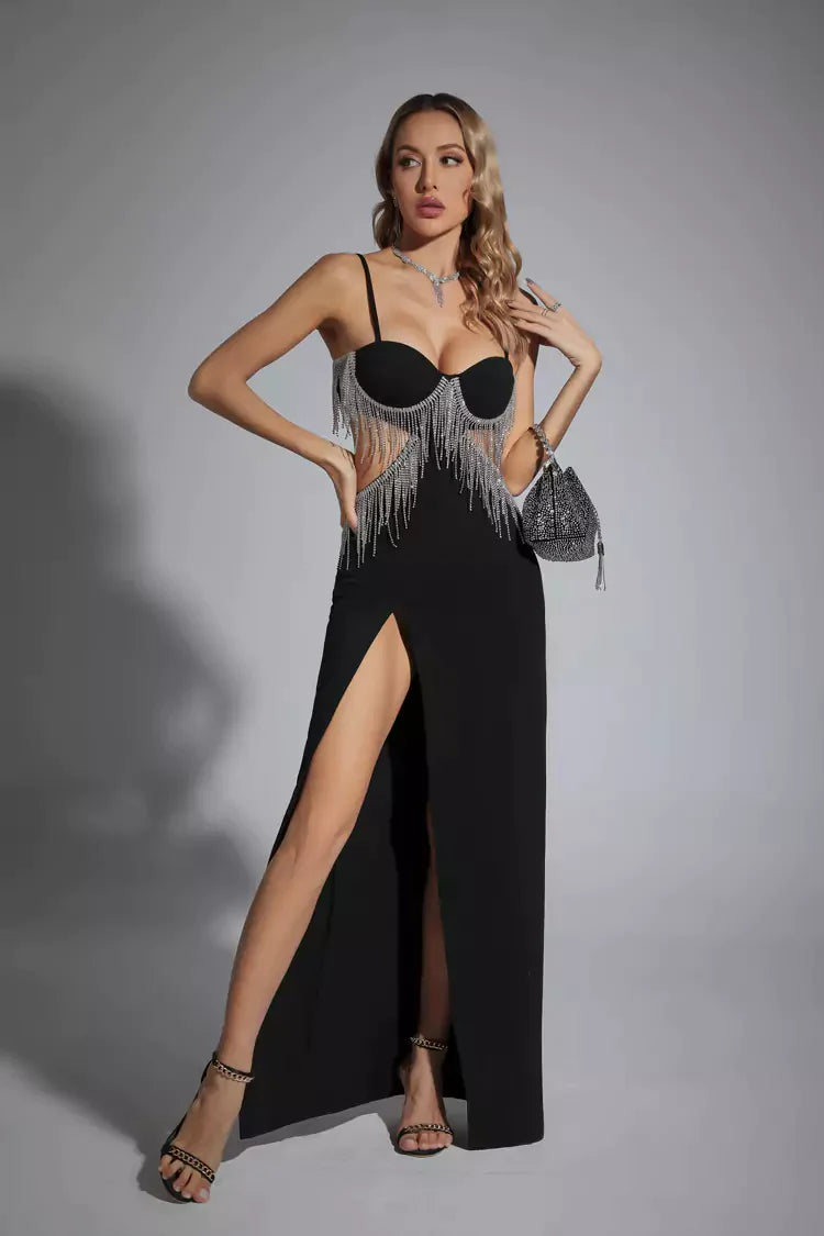 Rhinestone Fringe Split Maxi Dress Trendsi