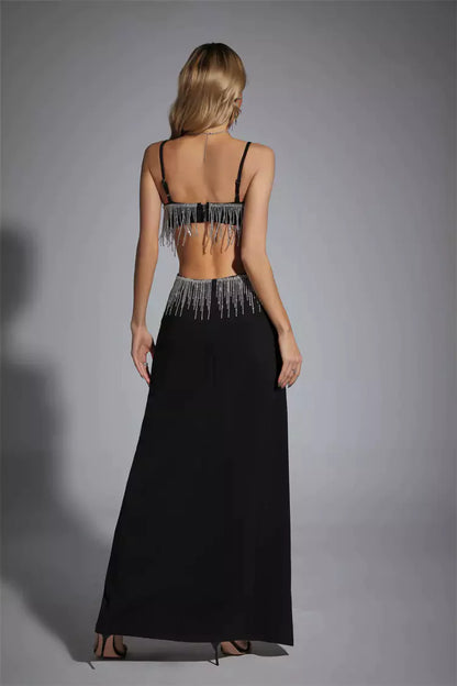 Rhinestone Fringe Split Maxi Dress Trendsi