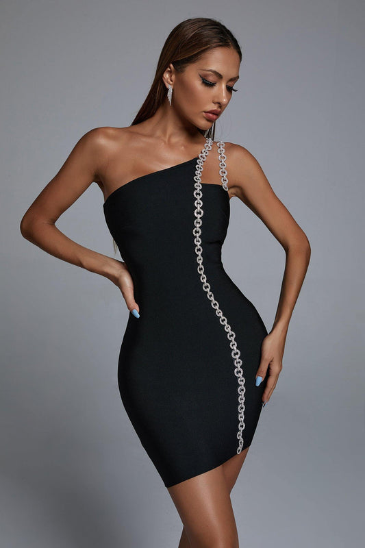 One-Shoulder Long Chain Mini Dress aclosy